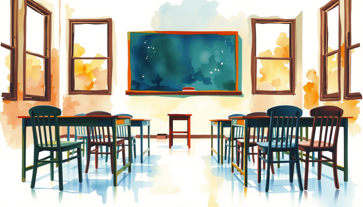 Empty classroom at dusk with neat desks and a clean chalkboard.