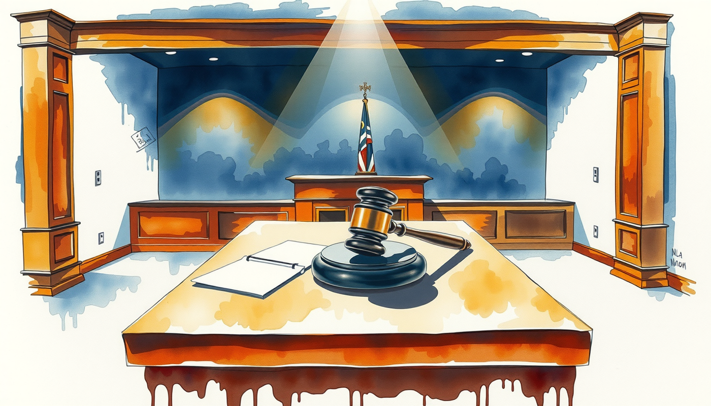 Empty courtroom with witness stand, gavel, and dramatic shadows.