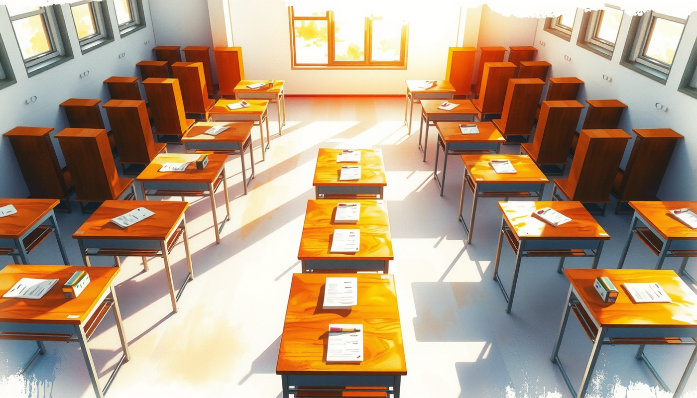 Empty examination hall at dawn with wooden desks and golden light.