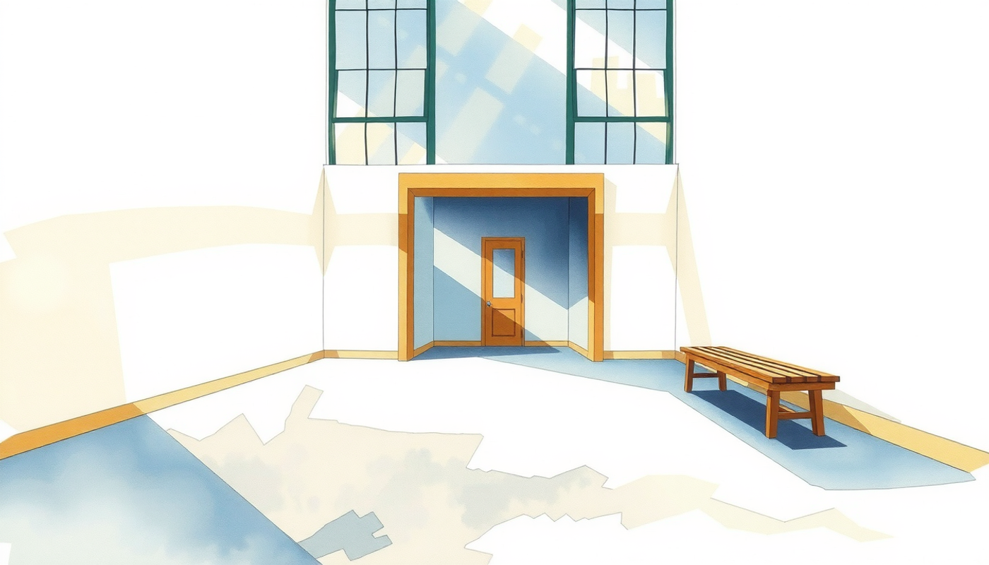 Empty wooden bench in a shadowy, muted hall with a door.