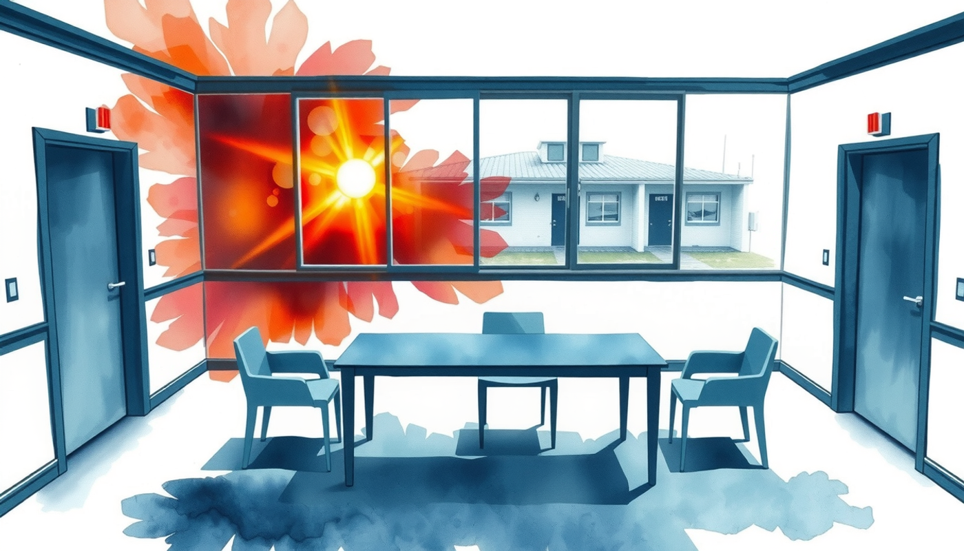Empty interrogation room with overlapping crime scene overlay and muted colors.
