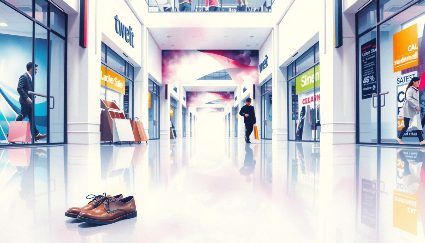 Empty mall corridor with surreal shoes and distorted shopfront shadows.