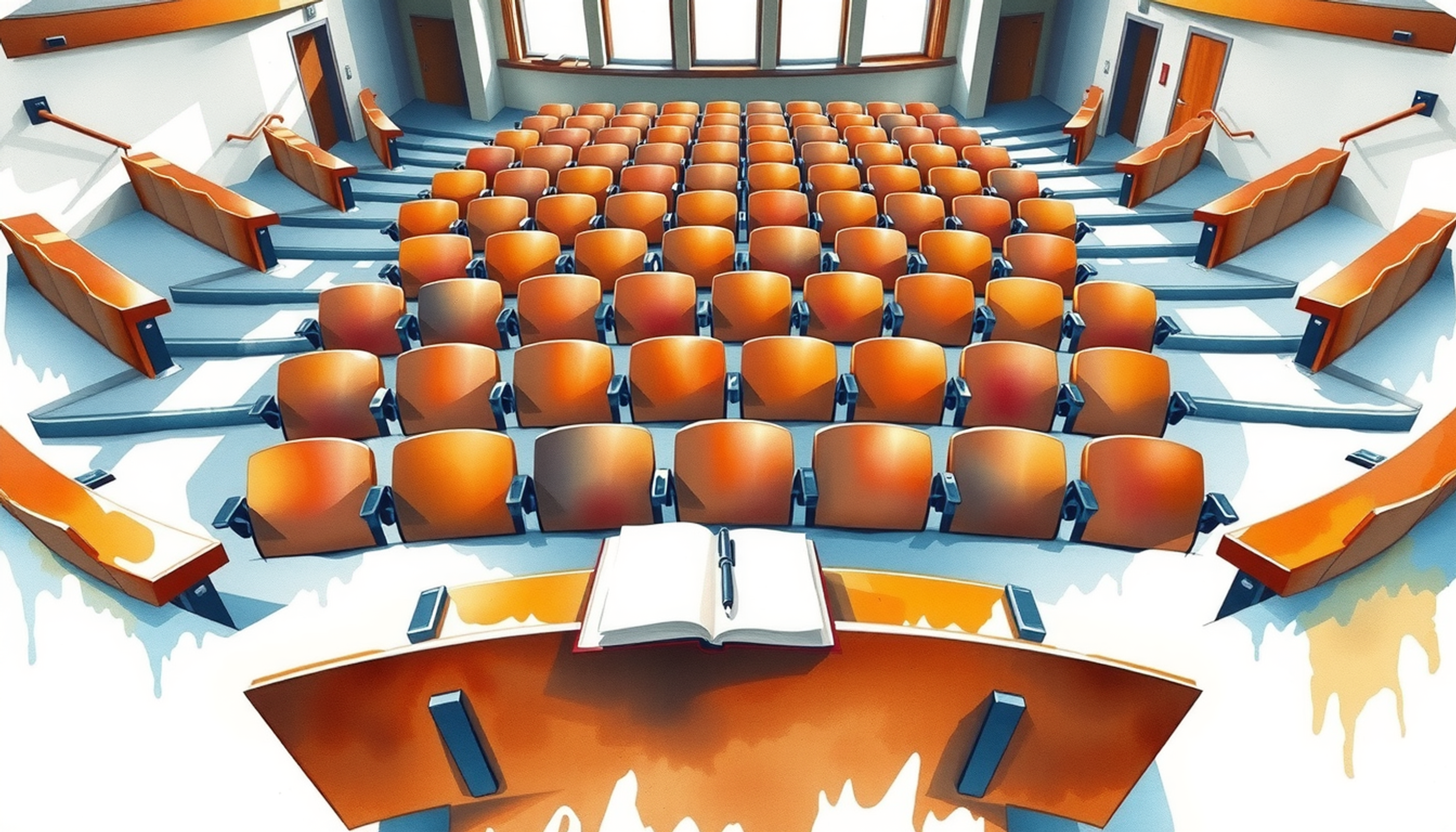 Empty medical lecture hall with morning light and shadows.