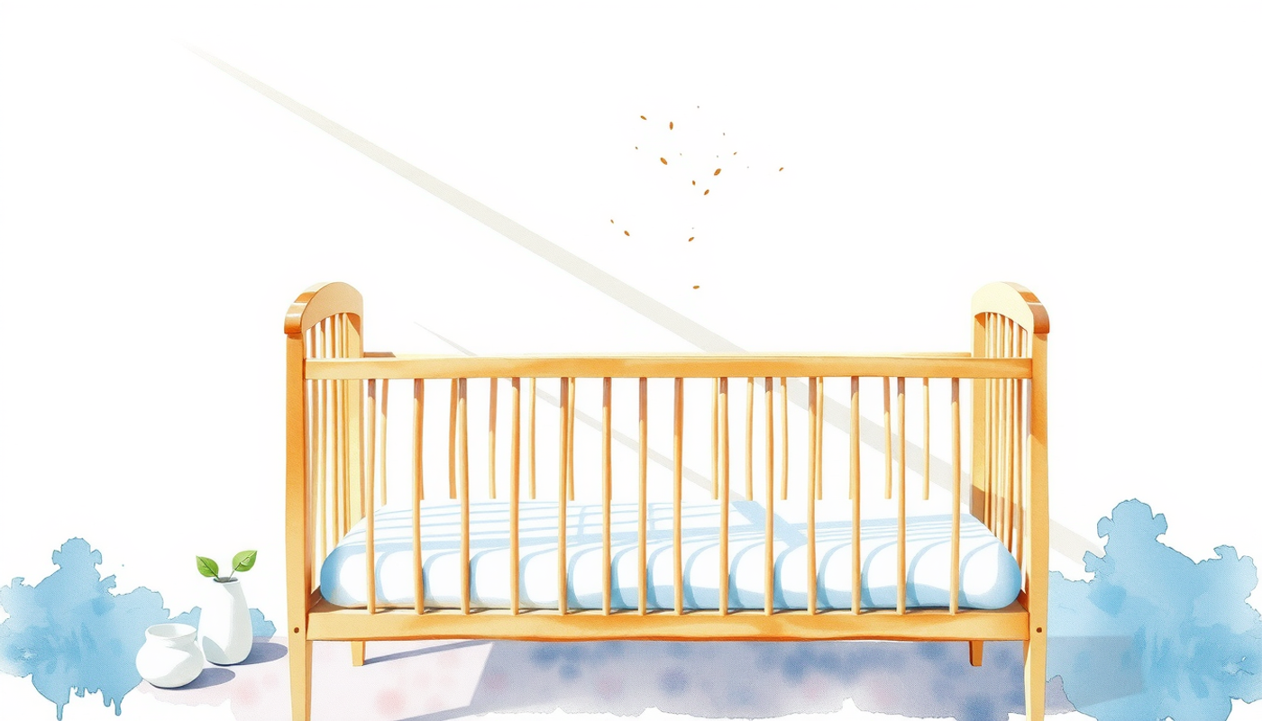 Empty wooden crib in softly lit pale blue nursery at dawn.