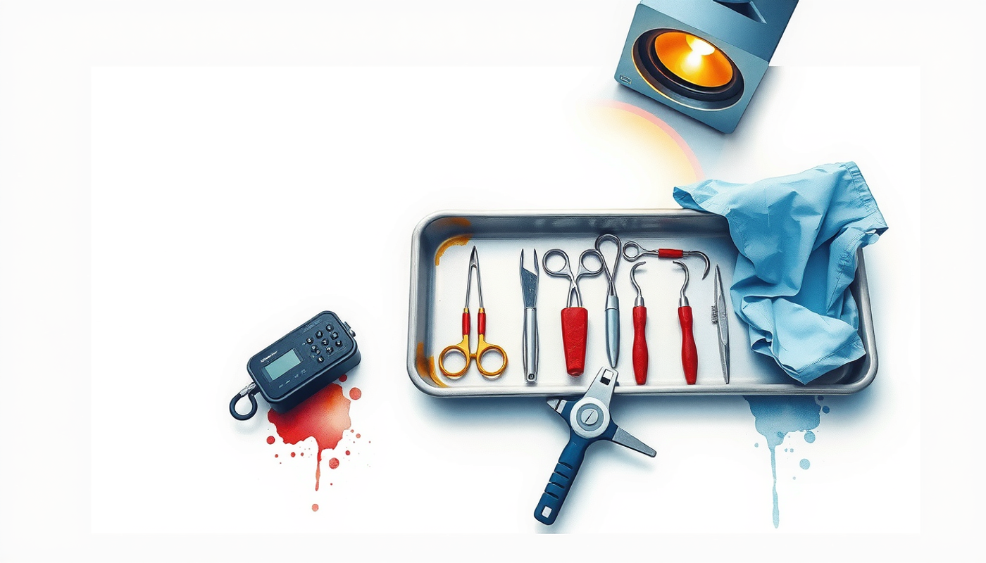 Empty operating room with surgical instruments and a warm speaker glow.