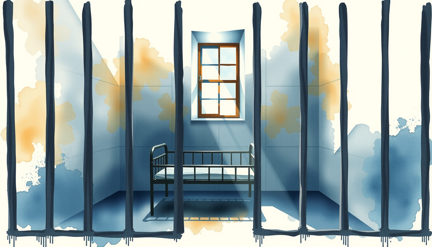 Empty prison cell with sunlight on a metal bed frame.
