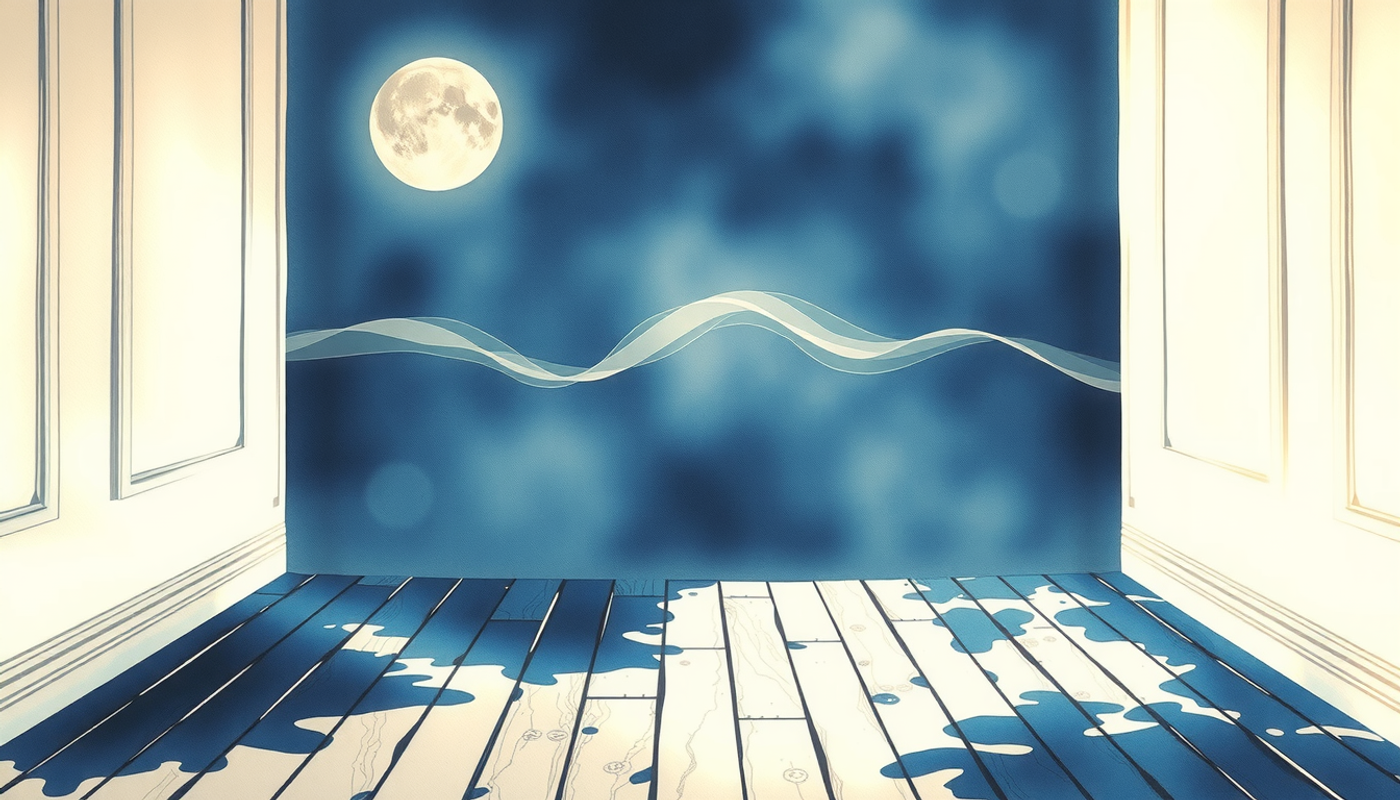 Dark empty room at night with moonlight on wooden floor.