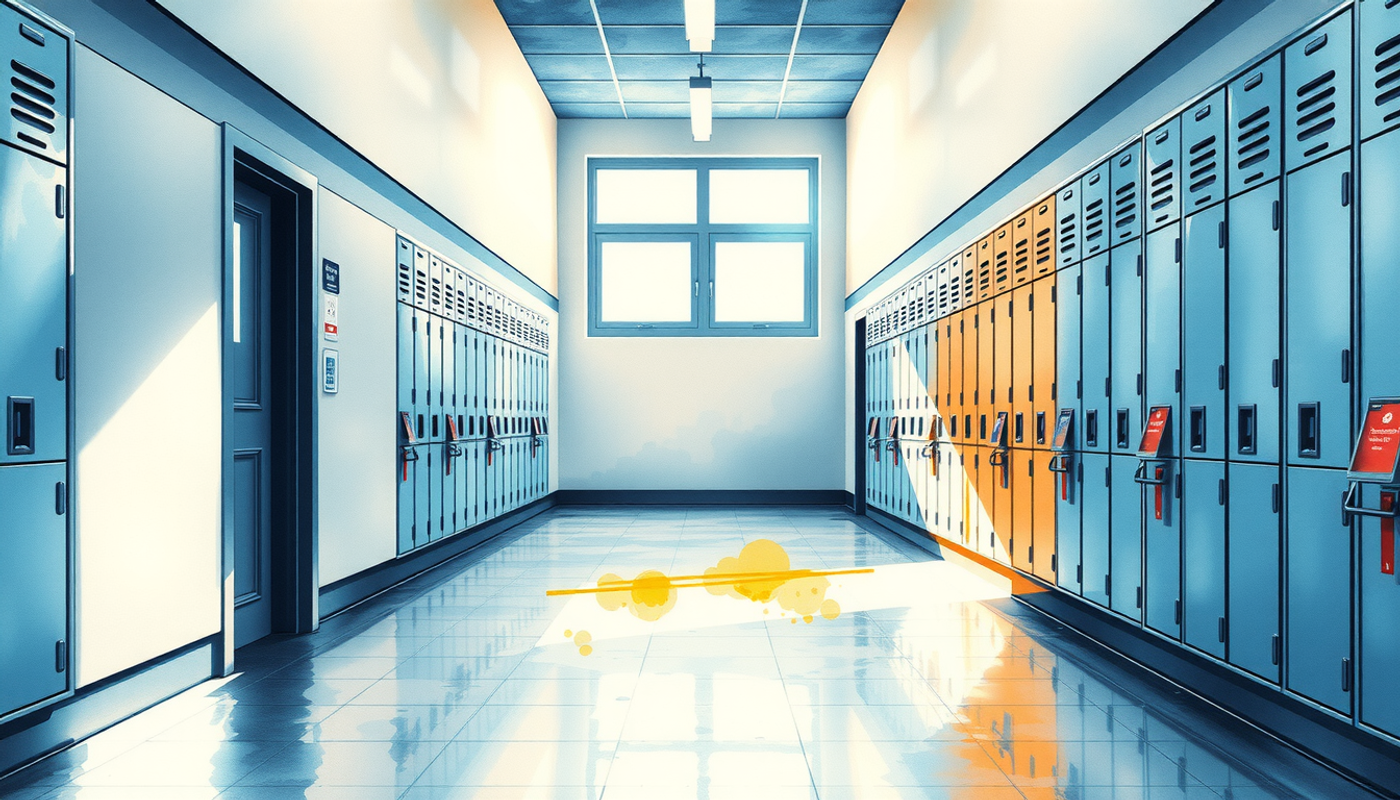 Empty school corridor at dawn with closed lockers and cold blue light.