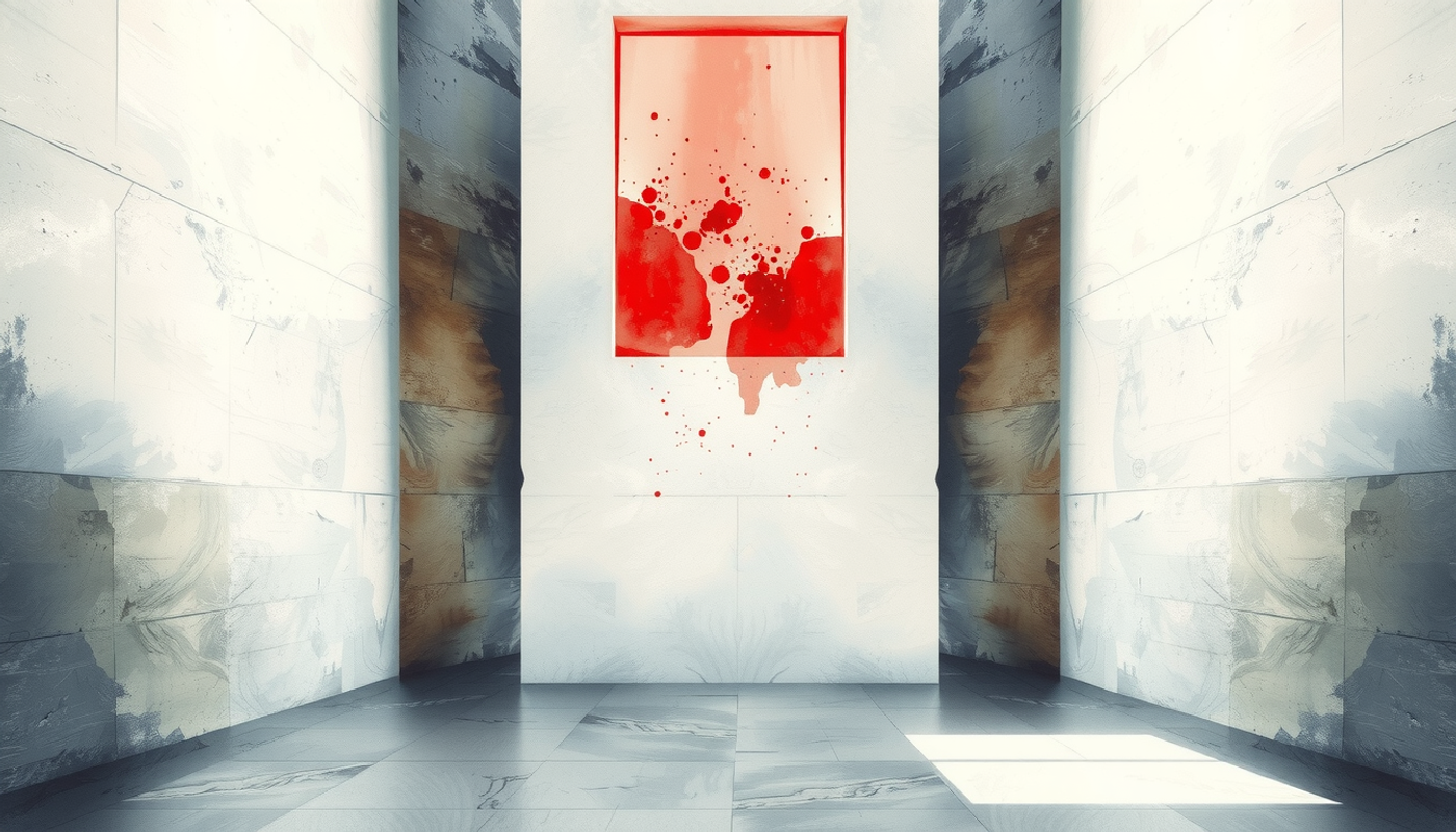 Bare stone chamber illuminated by a deep red glass pane.