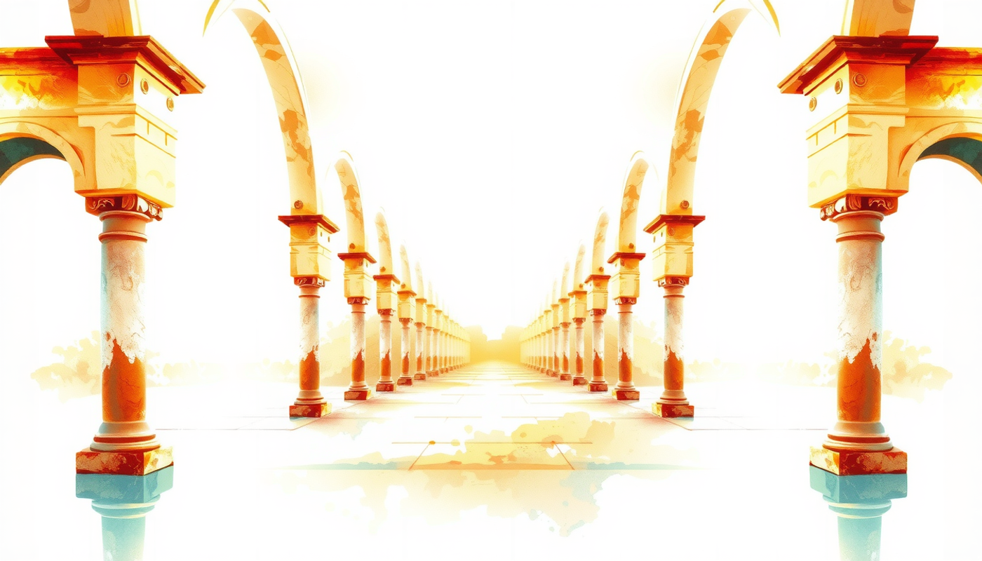 Empty stone colonnade in warm golden light with plinths.