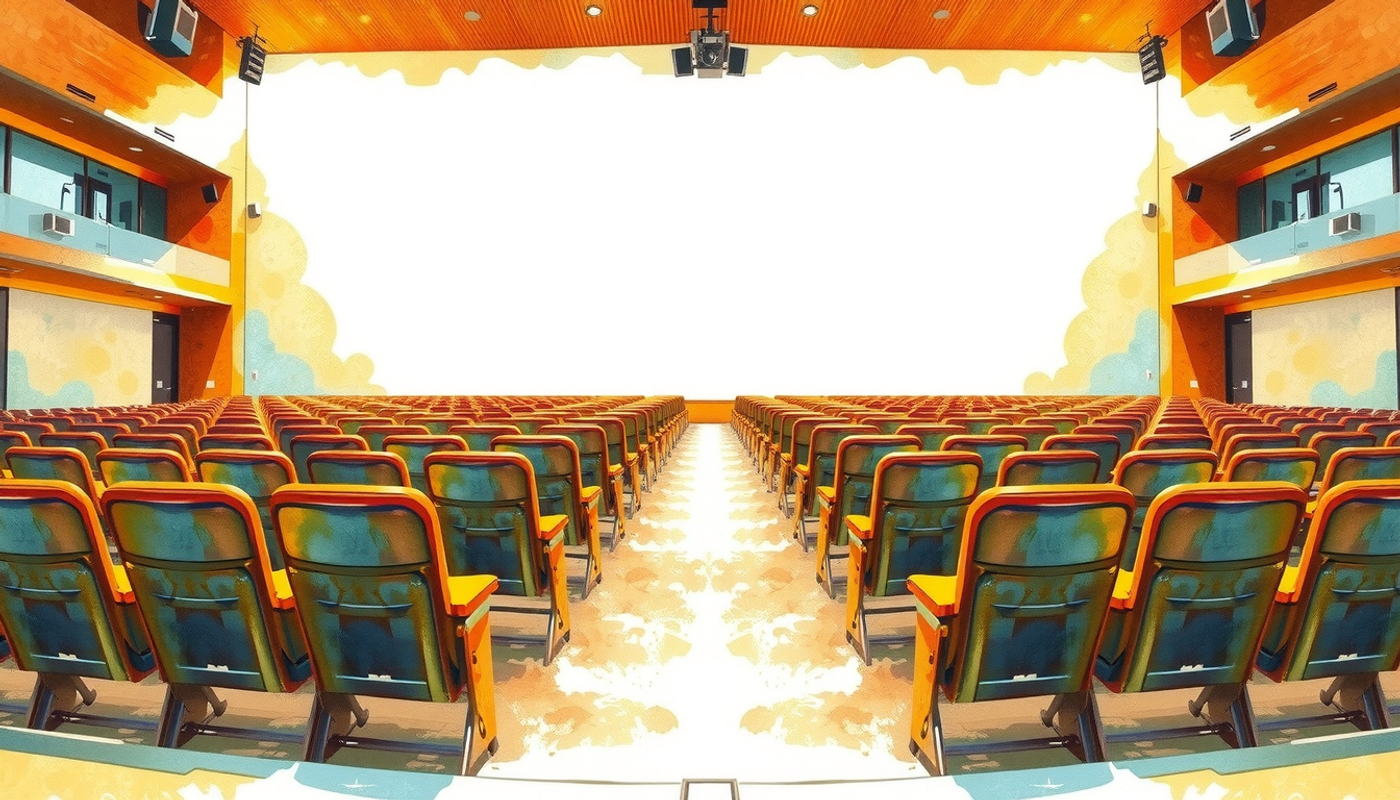 Empty tiered lecture hall with wooden seats and warm light.