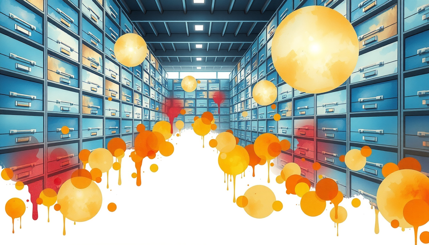 Enormous library with glowing filing cabinets in warm amber light.
