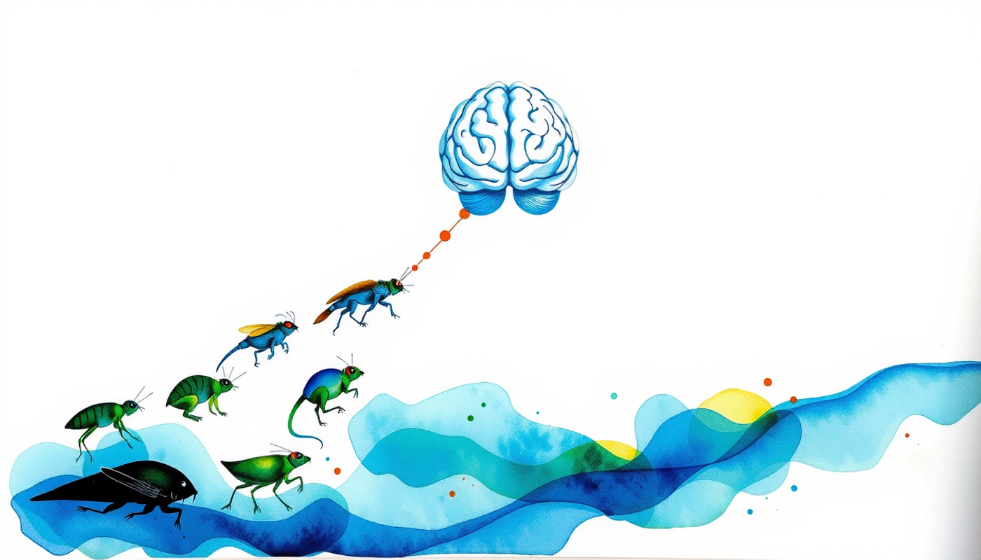 Evolutionary tree diagram connecting sea slugs to a brain, glowing synapses.