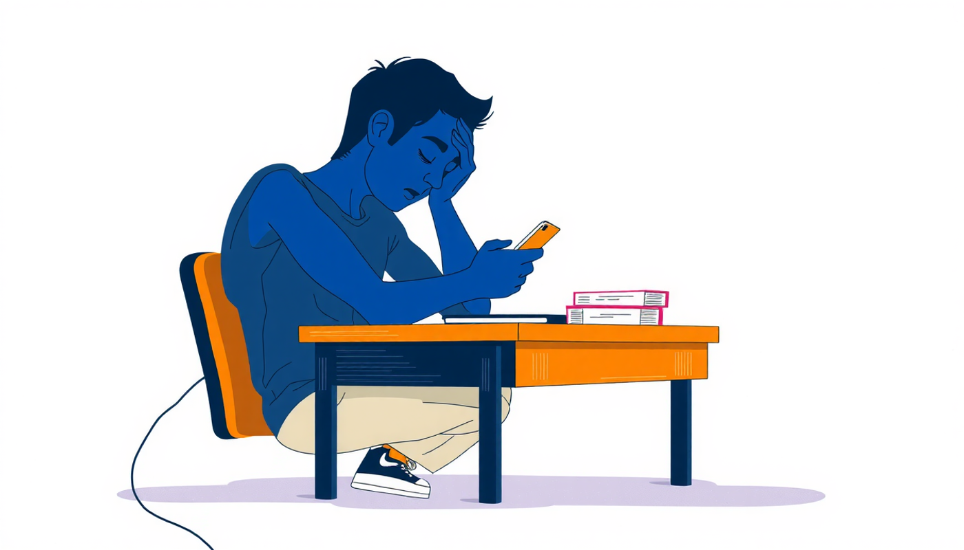Exhausted student at desk overwhelmed by flashcard reviews on phone.