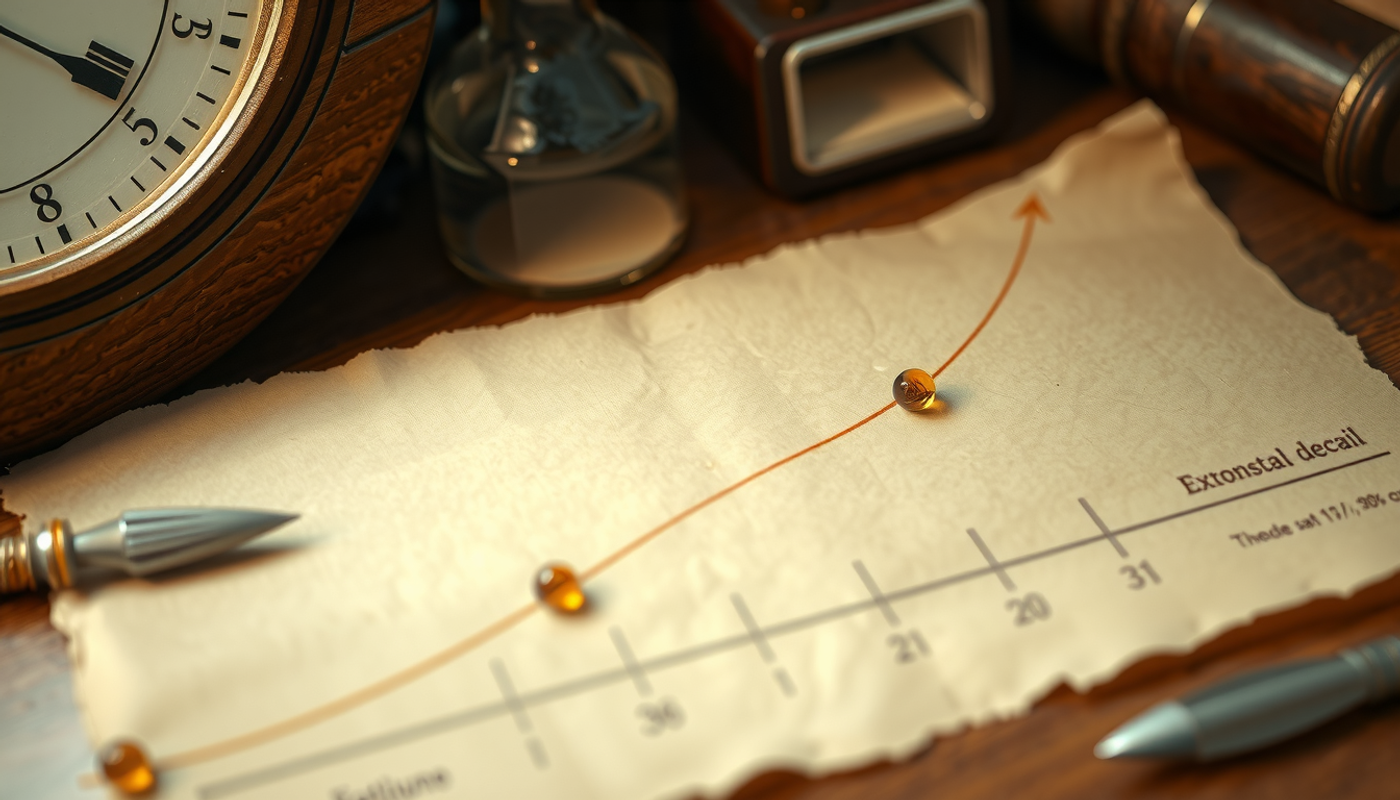 Exponential decay curve on aged parchment with marked data points.