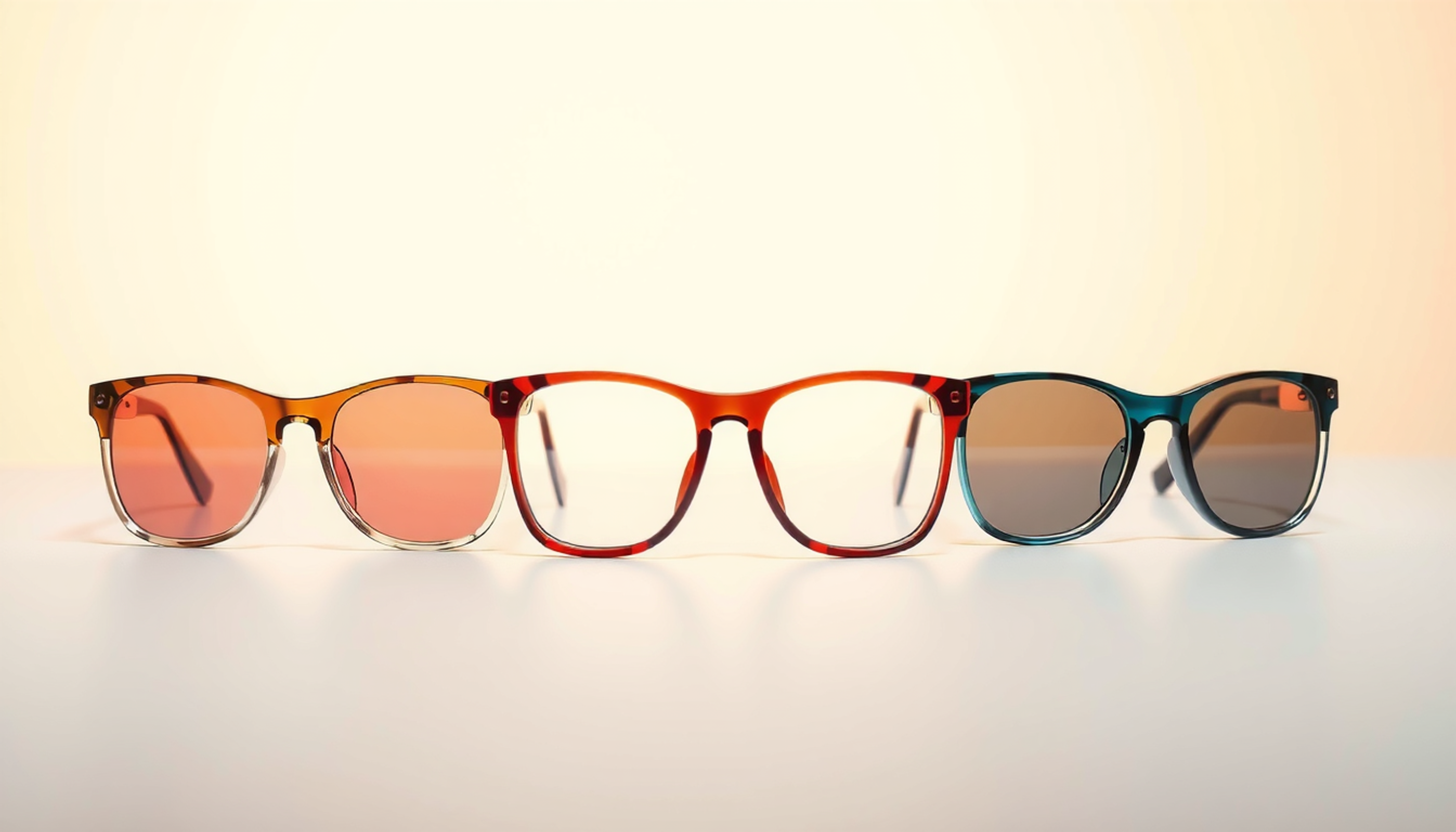 Three pairs of eyeglasses showcasing different lens tints and moods.