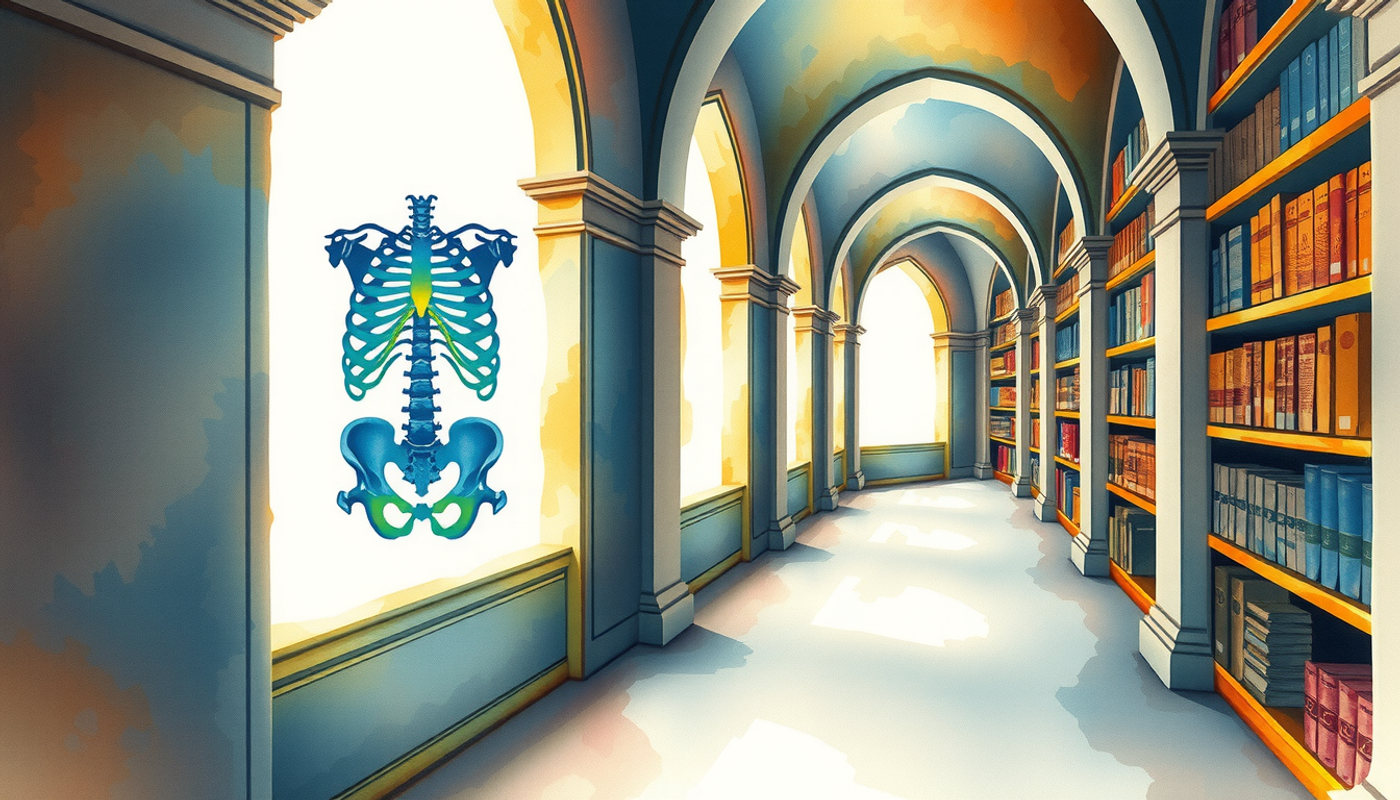 Ancient library corridor with glowing anatomical structures in alcoves.