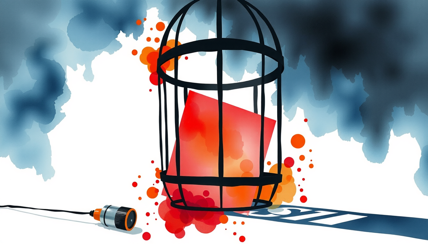 Flashcard trapped in descending number cage, glowing red in darkness.