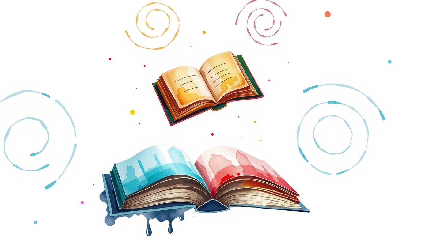 Three floating hardcover books surrounded by colorful sound wave circles.