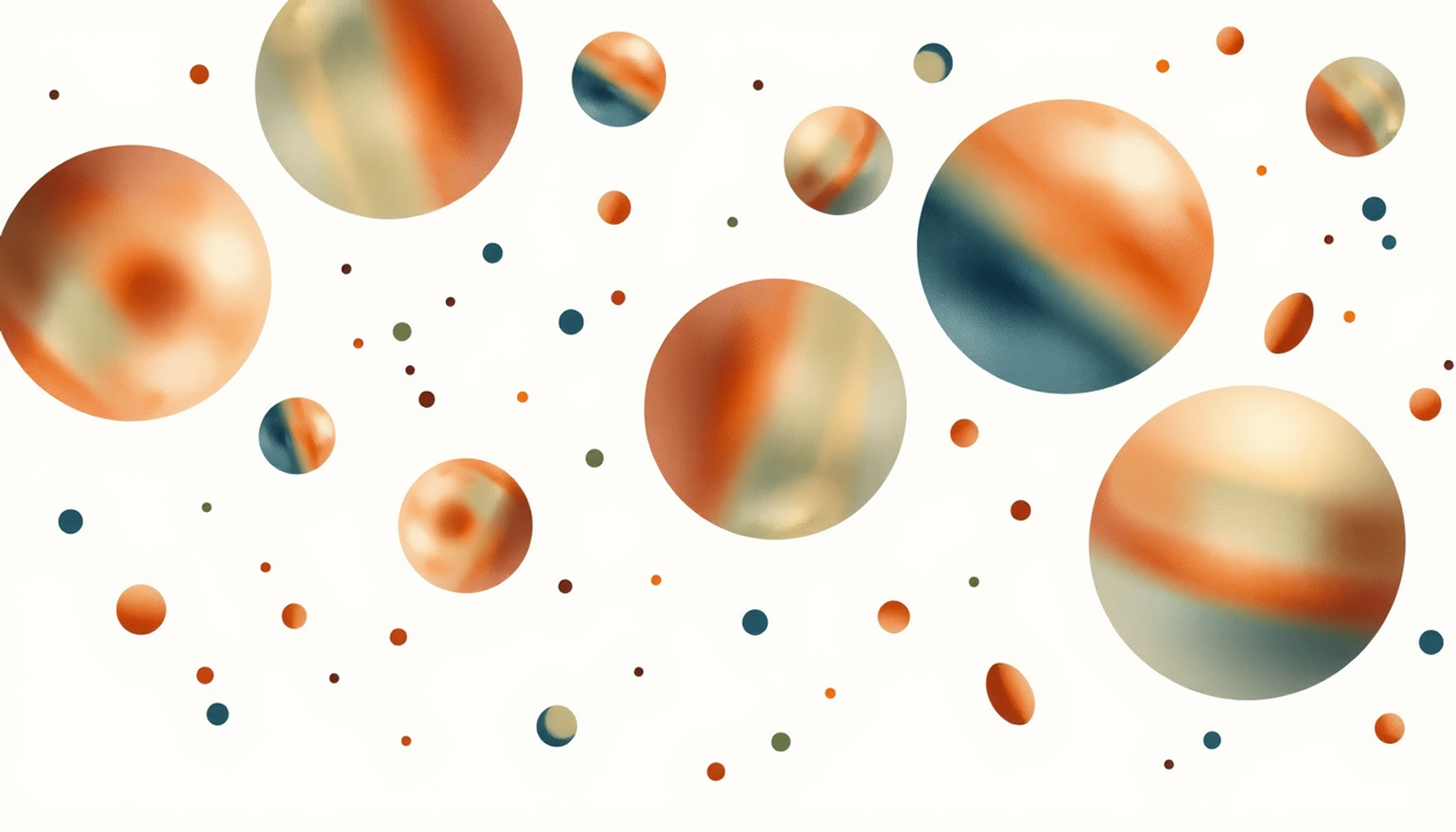 Ceramic spheres of varying sizes floating in soft, blurred arrangement.