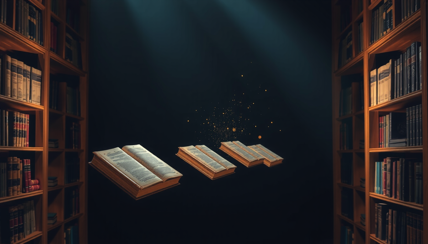 Vast library with illuminated shelves and floating books dissolving into particles.