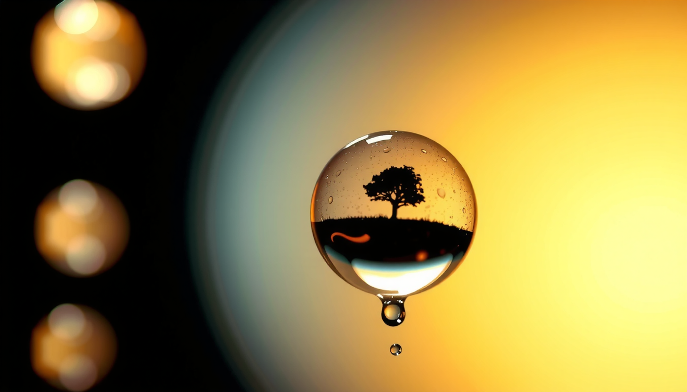 Floating golden bubbles with happy scenes pop, releasing dark droplets.