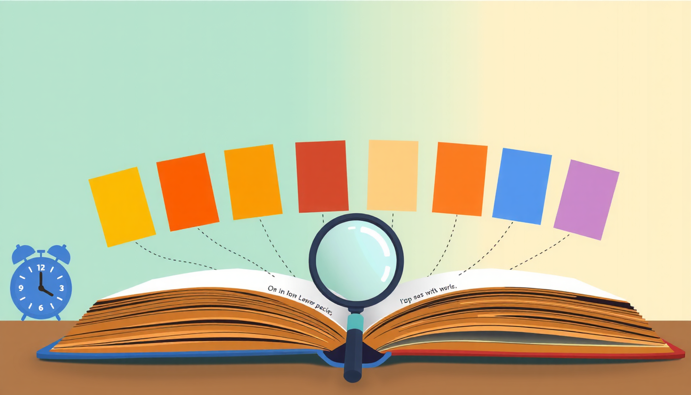 Nine glowing rectangular passages above an open book with a magnifying glass.