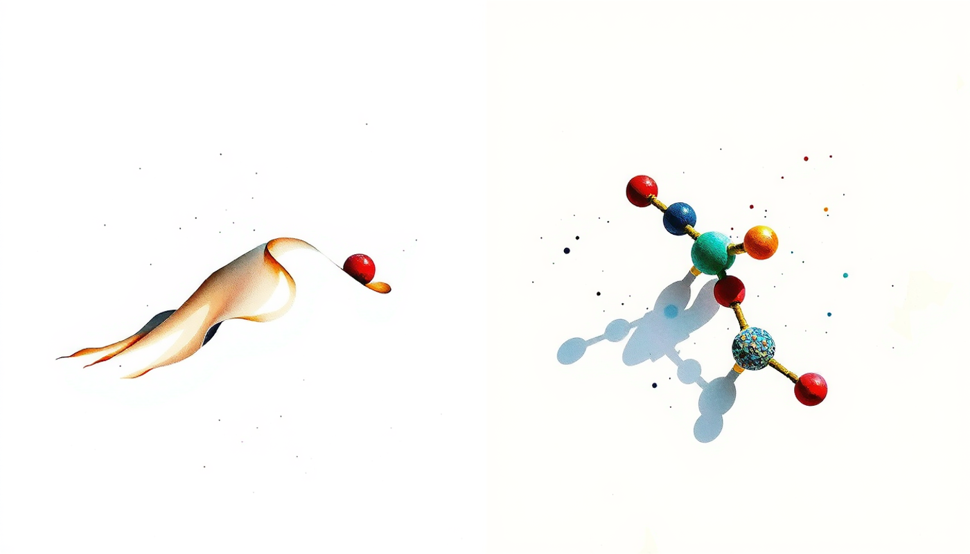 Sand sculpture of a molecular structure eroding and being rebuilt in desert light.