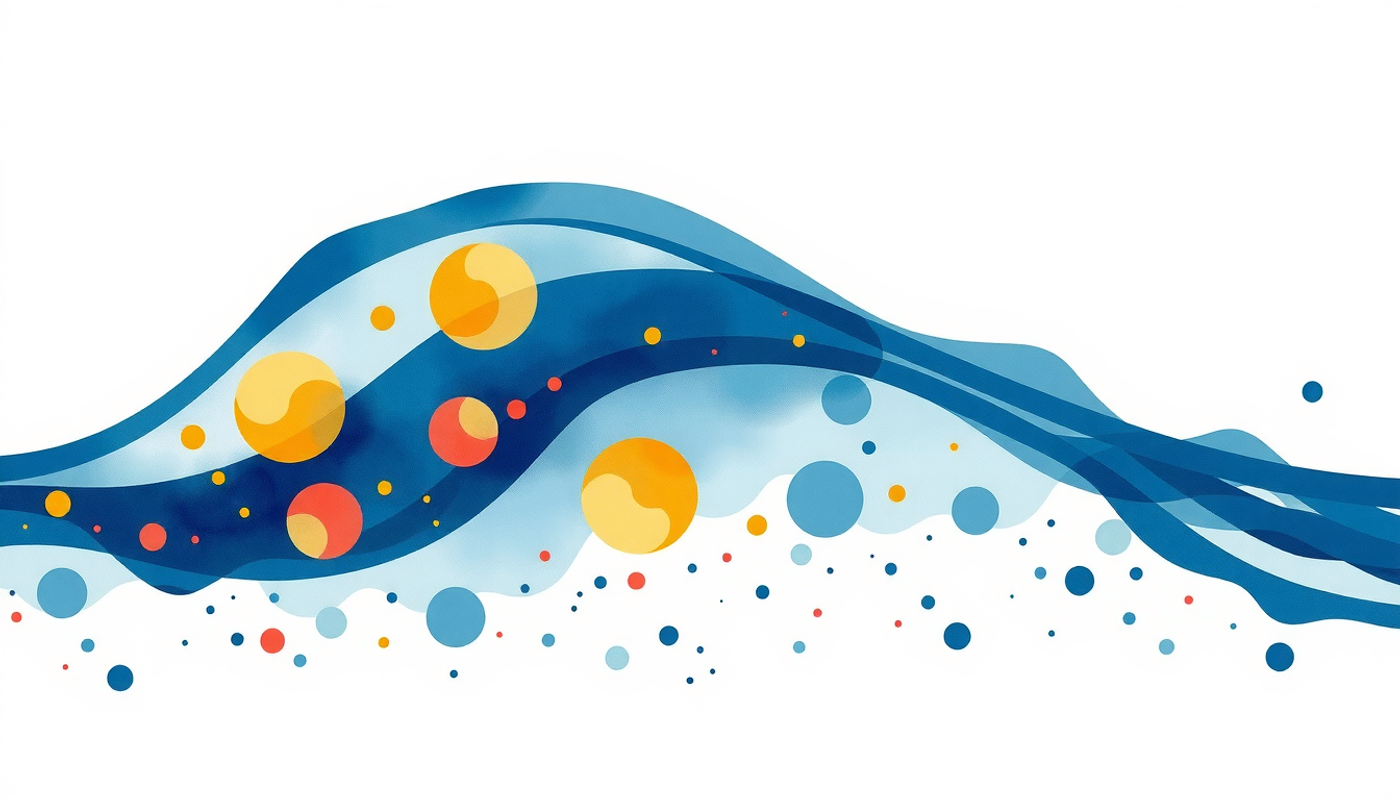 Stylized forgetting curve as a flowing river of blue and gold light.