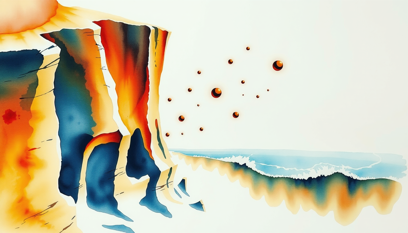 Dramatic cliff eroding into ocean, memories falling, review nets catching.