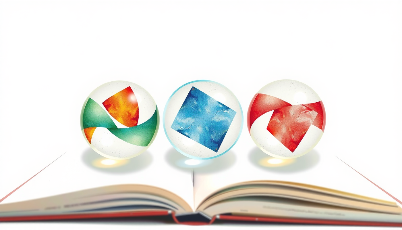 Translucent glass spheres with geometric shapes above an open book.