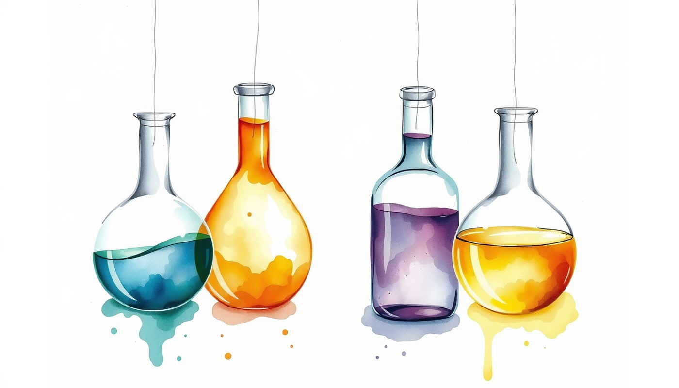 Four translucent glass vessels in a diamond pattern, each with colored liquids.