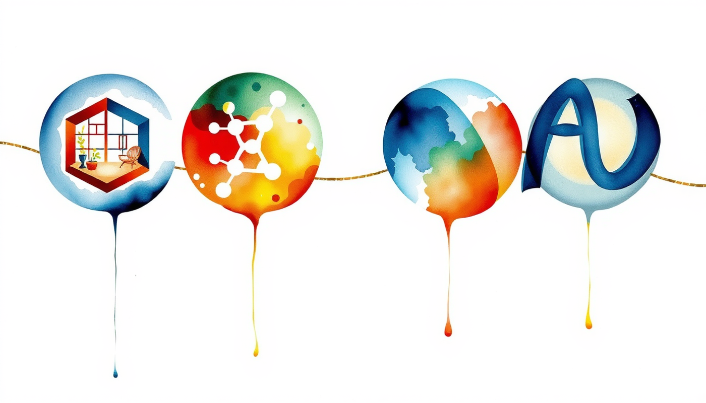 Four translucent spheres showcasing diverse abstract contexts: room, molecules, colors, letters.