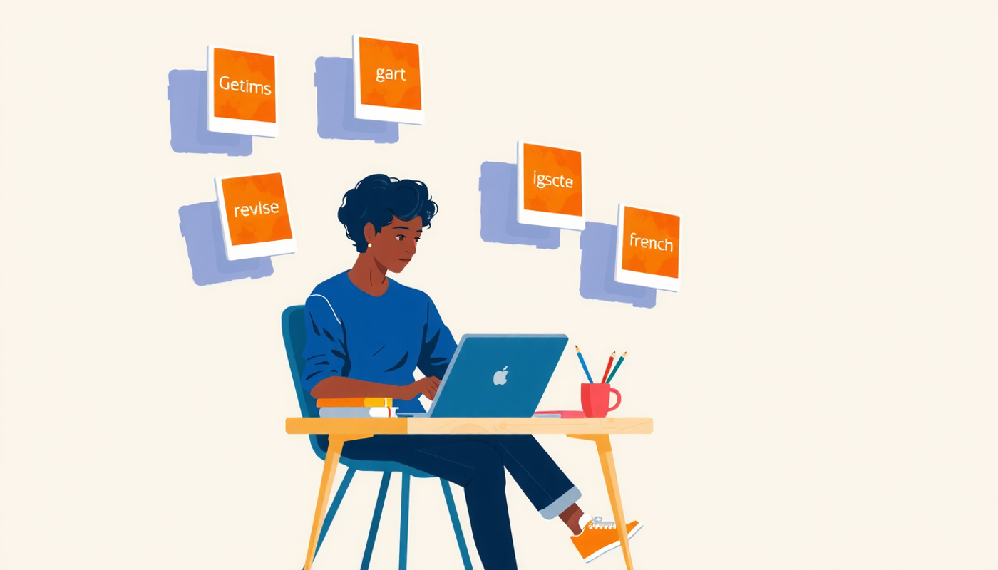 Étudiant français à un bureau avec ordinateur et fiches de révision colorées.