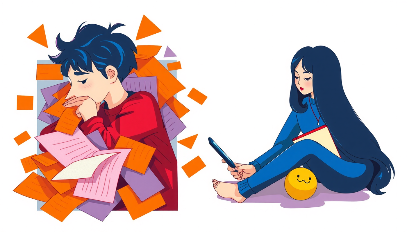 Frustrated student with notes vs. calm student using flashcards.