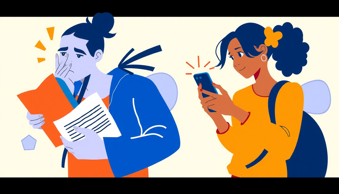 Frustrated student rereads notes vs confident student using flashcard app.