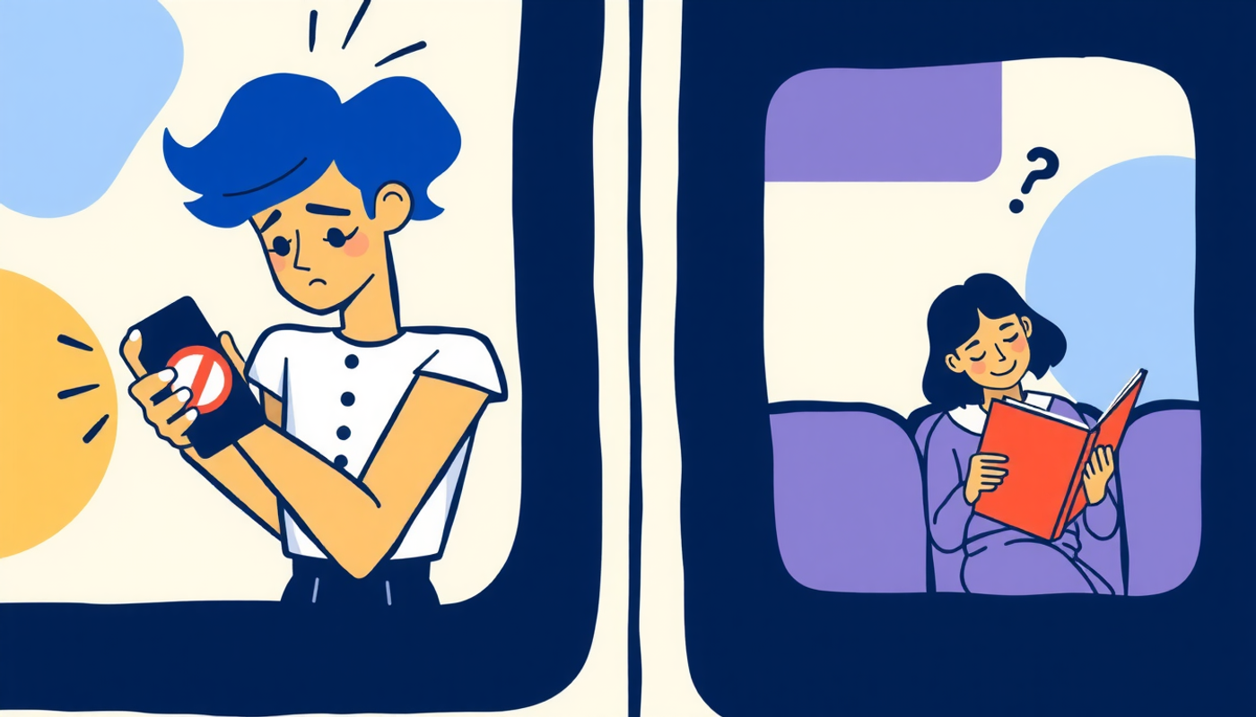 Frustrated student with no signal vs. happy offline learner on subway.