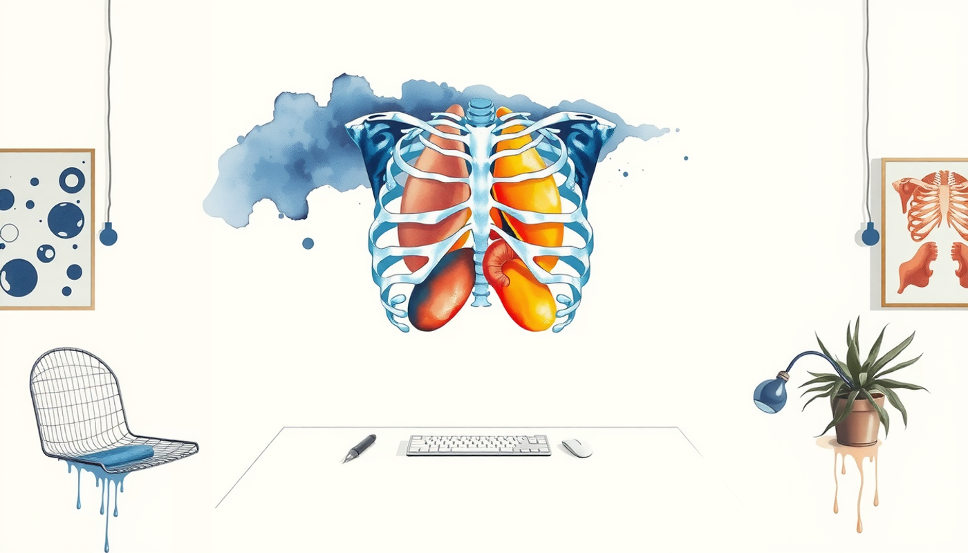 Futuristic anatomy station with holographic ribcage and glowing organs.