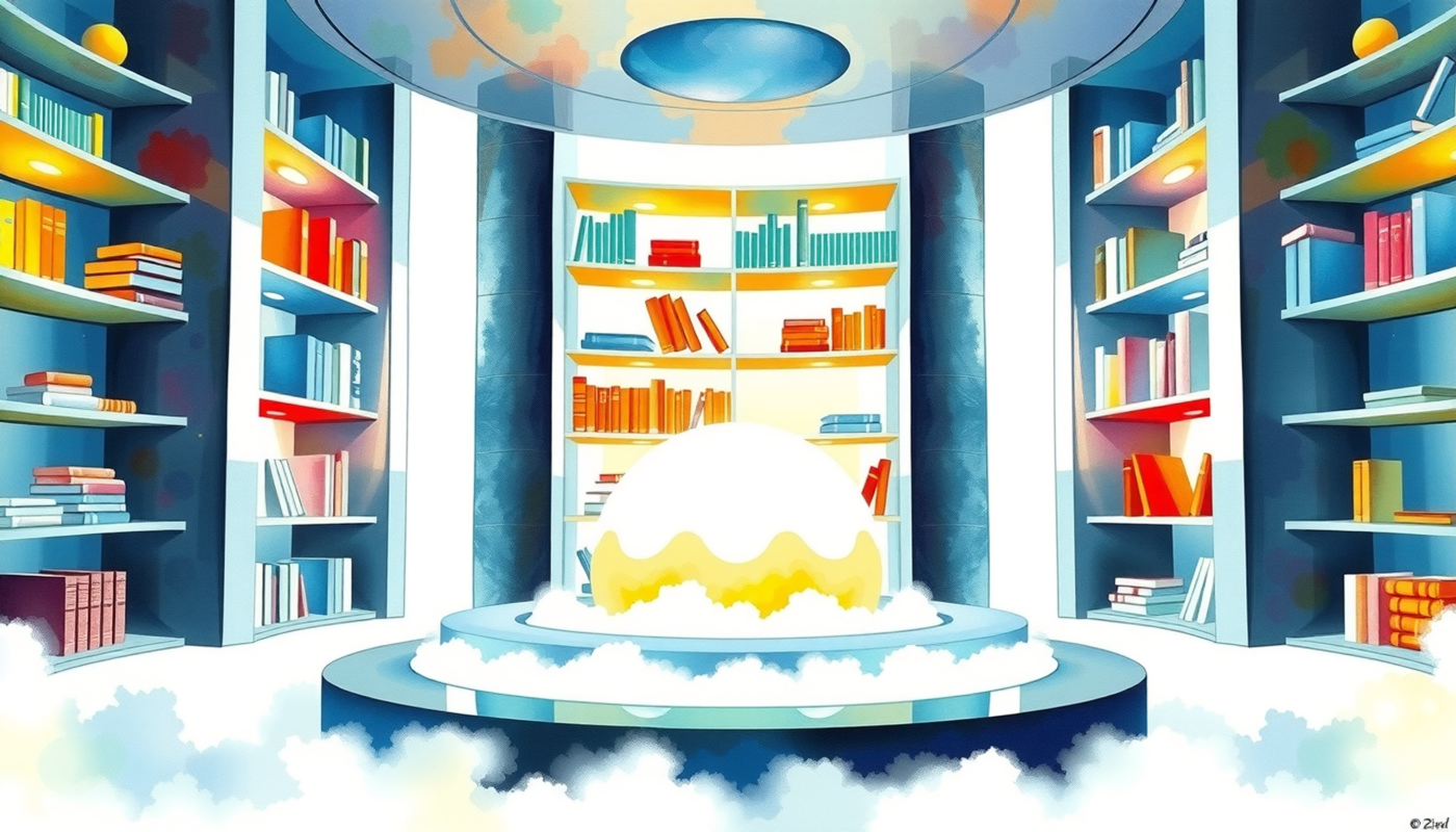 Futuristic library with glowing spiral bookshelves and ethereal fog.