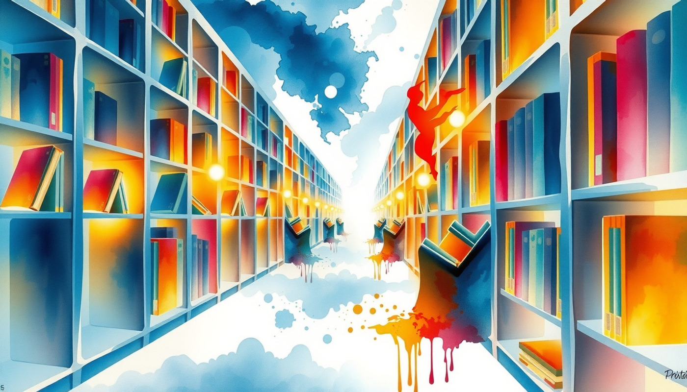 Futuristic library with glowing bookshelves and illuminated pathways of light.