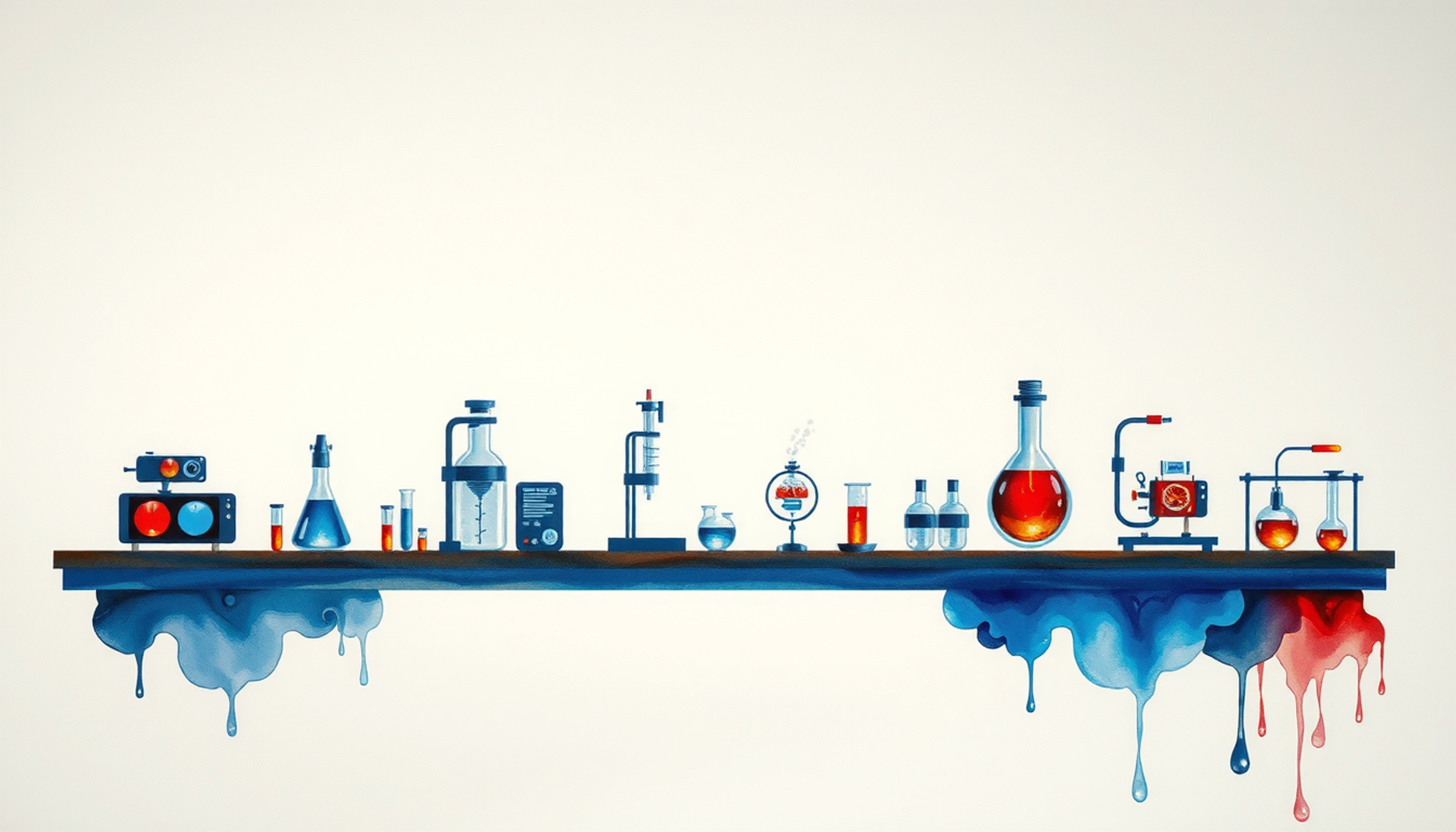 Futuristic lab bench showcasing evolving experimental setups from simple to complex.
