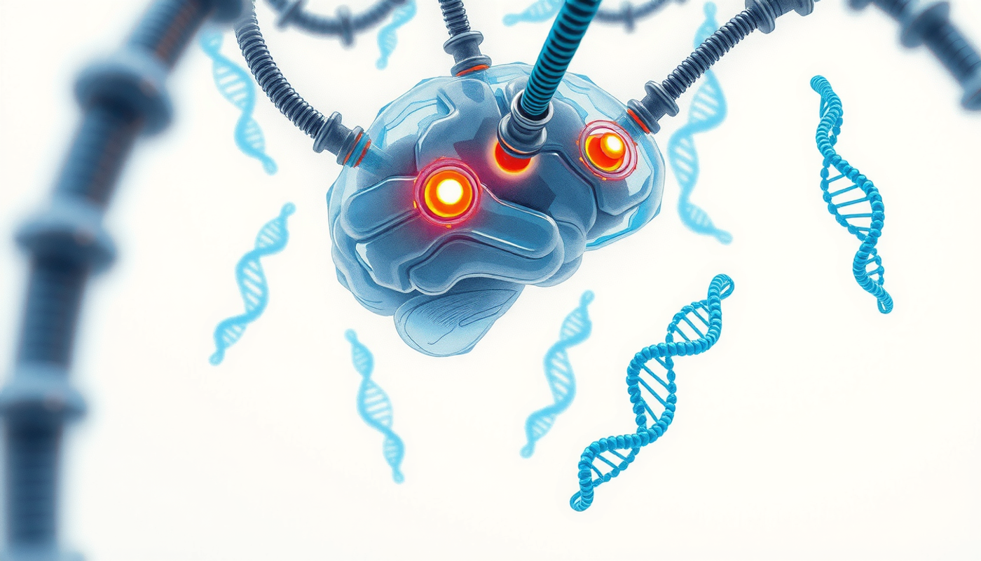 Futuristic lab with blue light illuminating a transparent brain model.