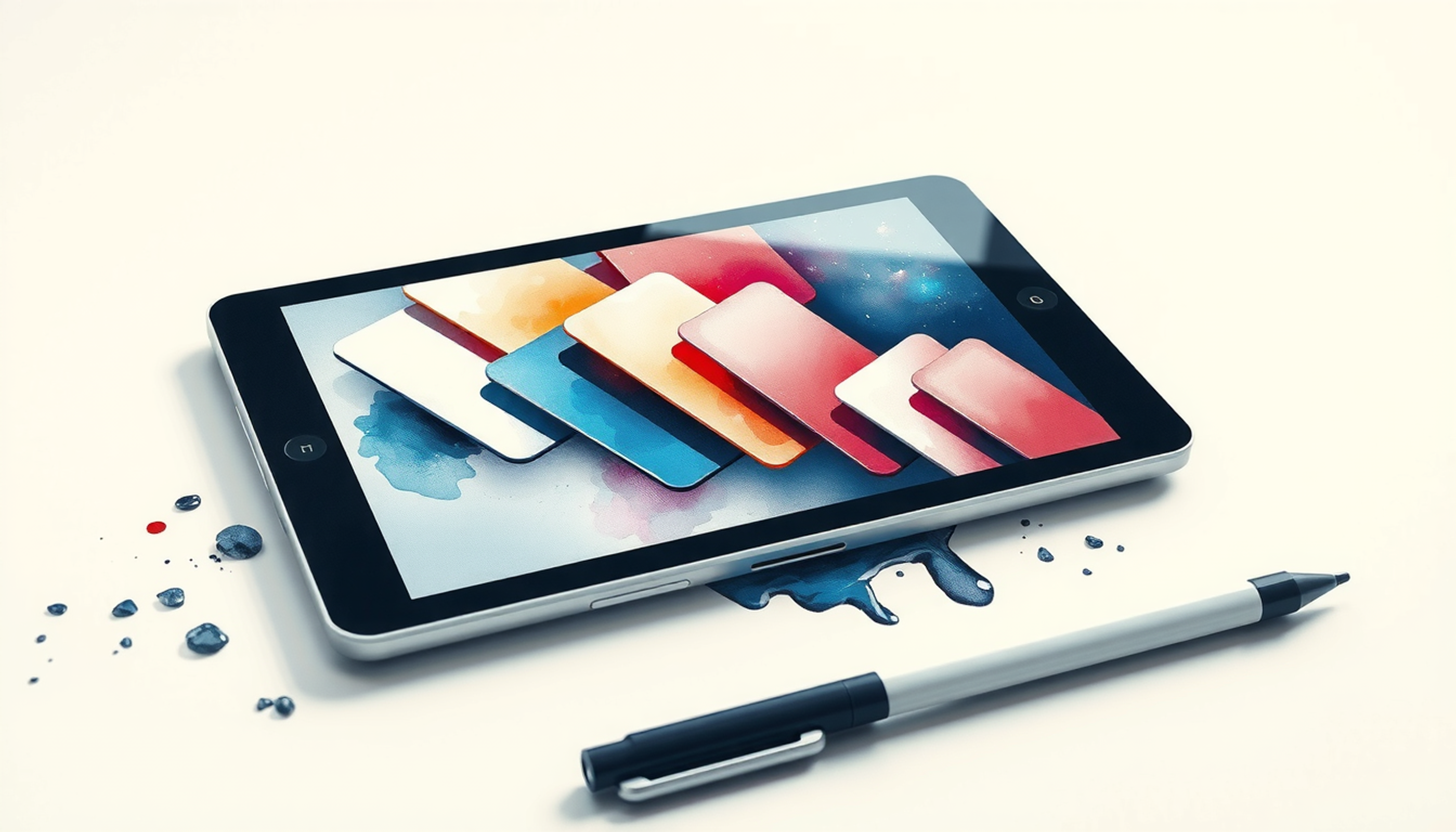 Futuristic tablet on desk displaying glowing abstract card shapes.