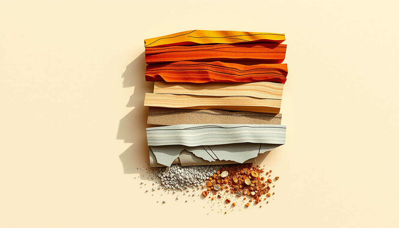 Layered geological strata in warm earth tones with eroded details.