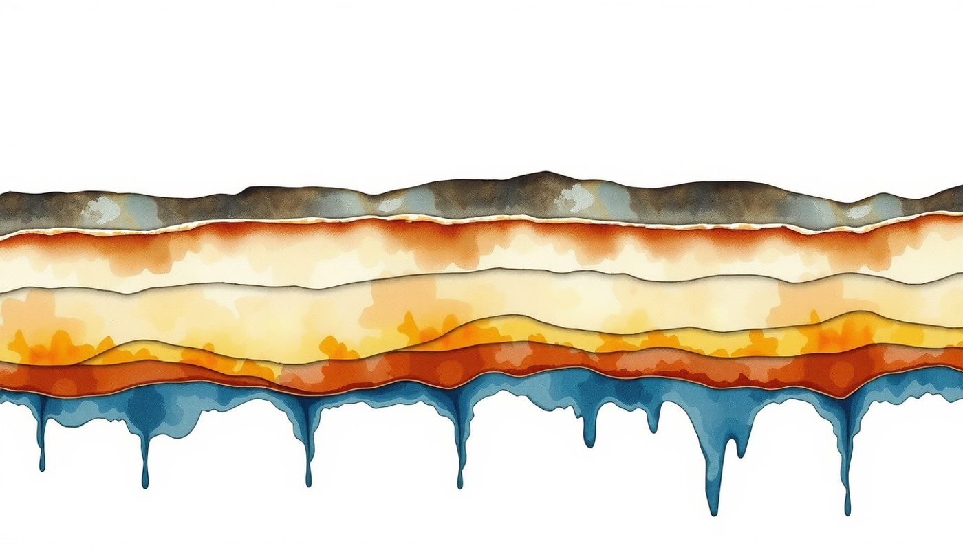 Layered mineral strata in muted sepia and slate blue tones.