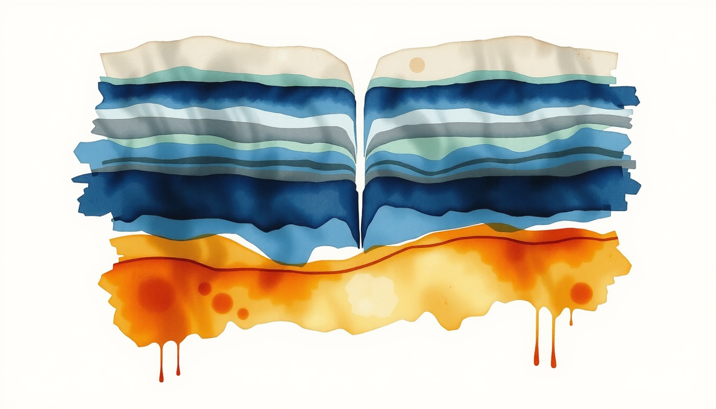 Layered geological strata with a bright indigo tunnel cutting through.