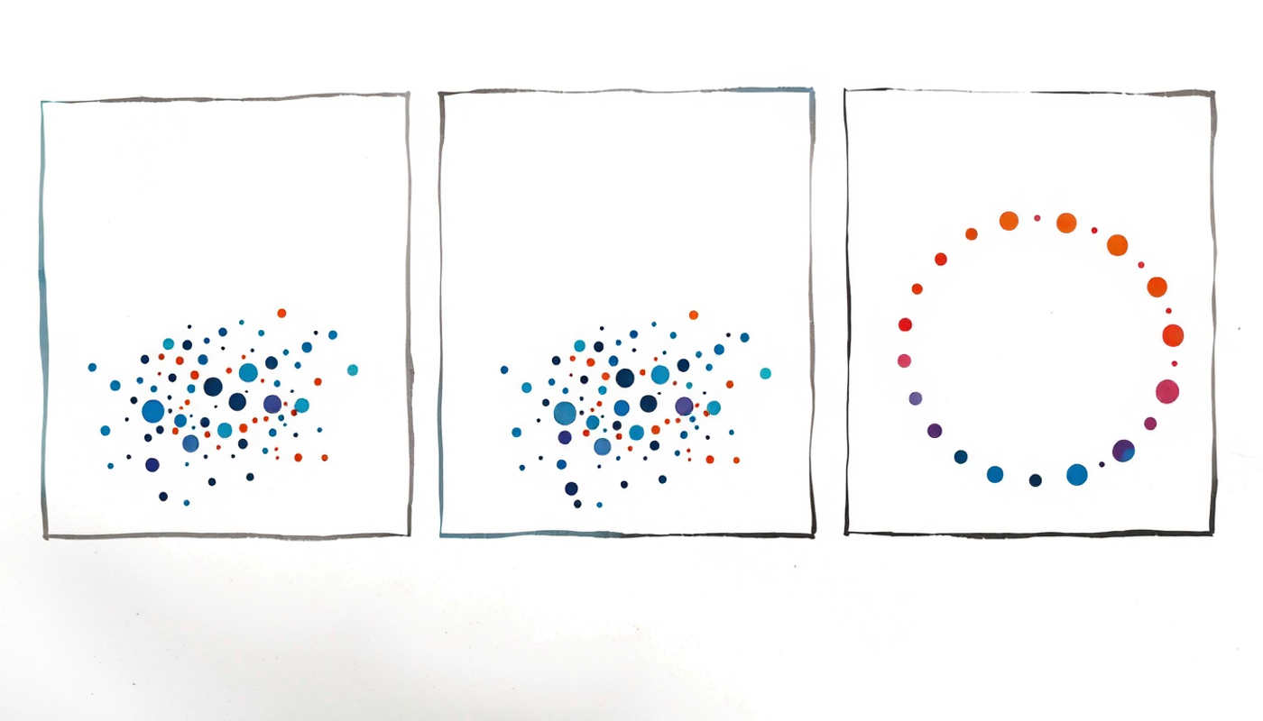 Ghosted outlines transforming from square to circular room shapes with colorful dots.