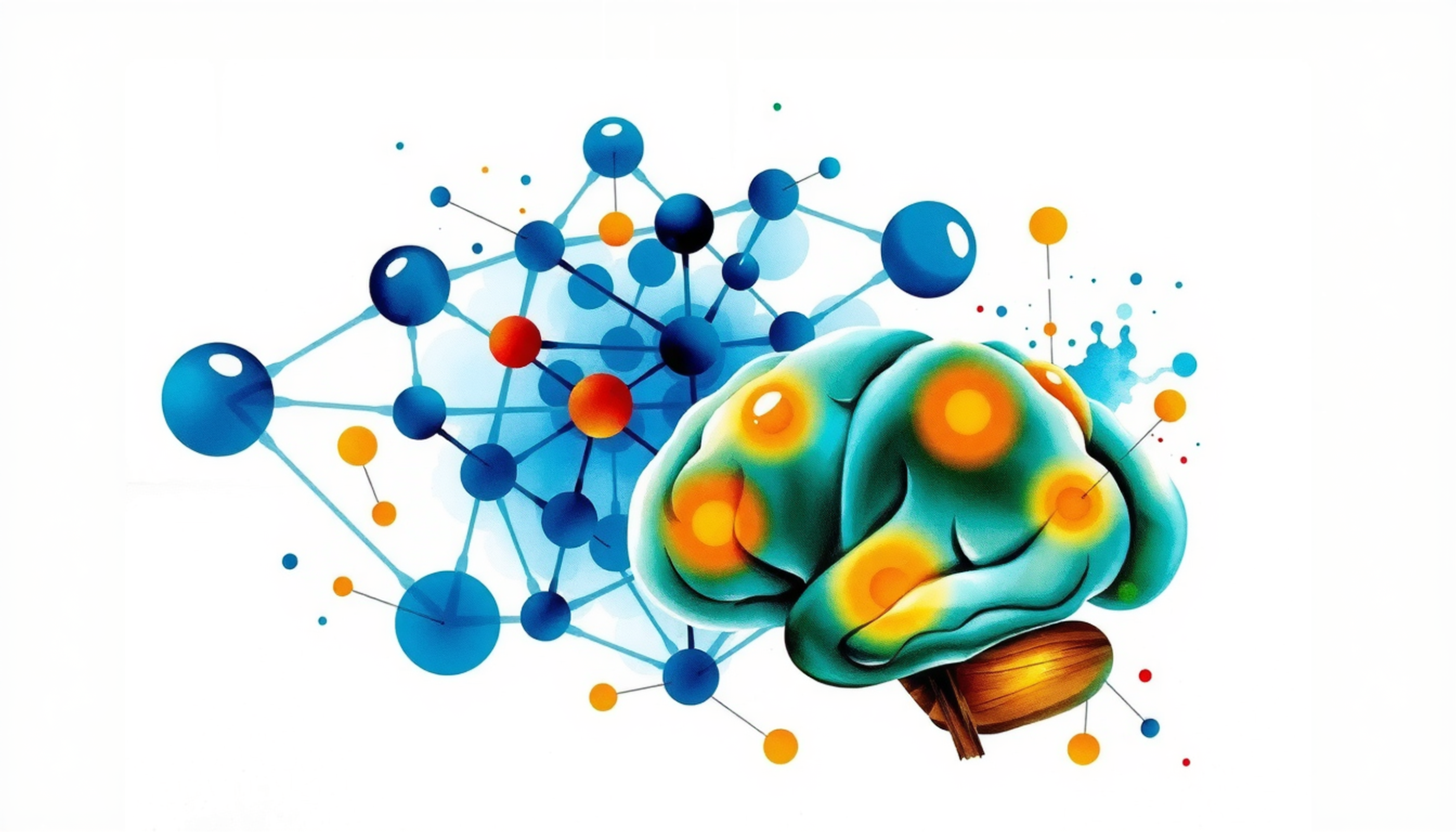 Geometric neural network and biological brain connected by golden light.