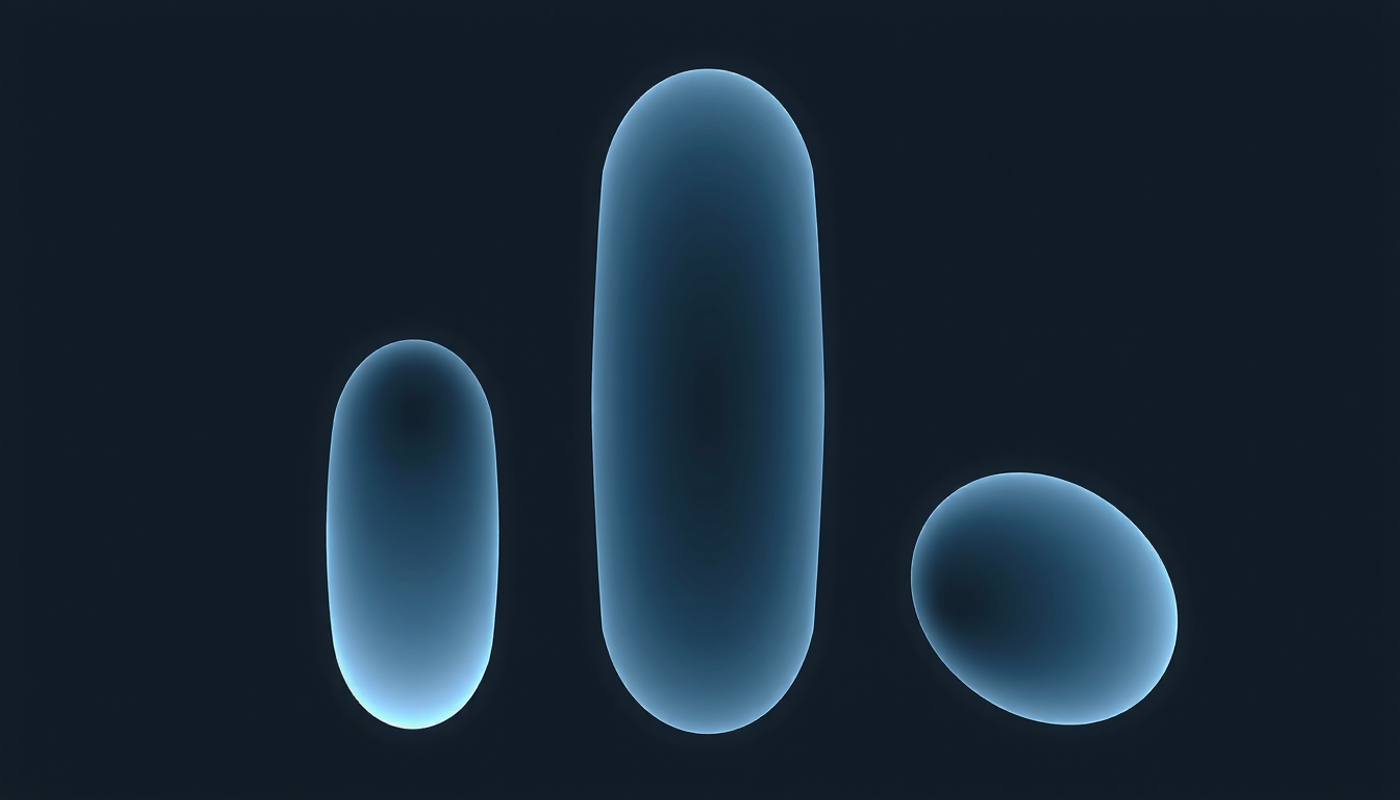 Three vertical oval shapes in cool blues and greys on dark background.
