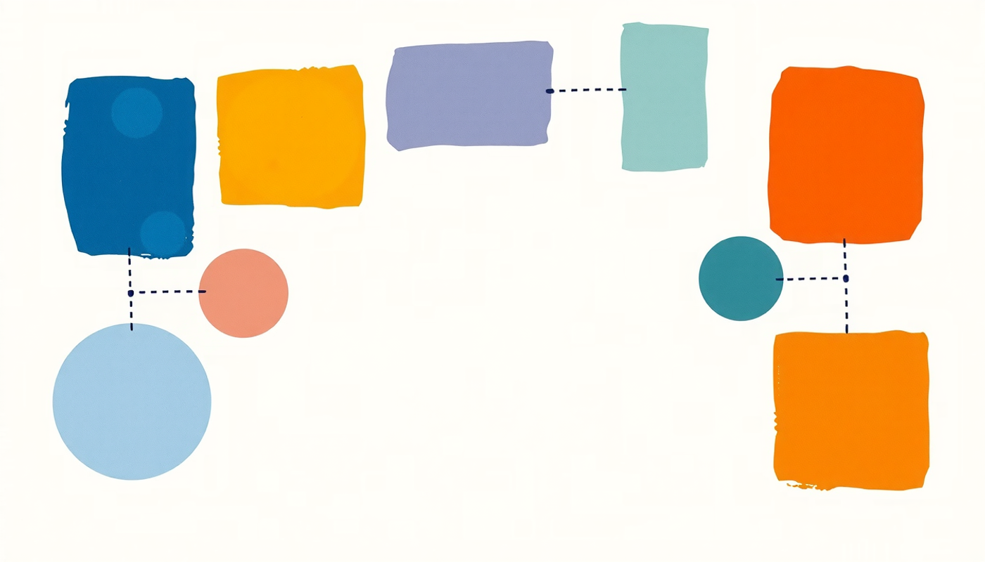 Nine glowing geometric shapes in an arc with connection lines.